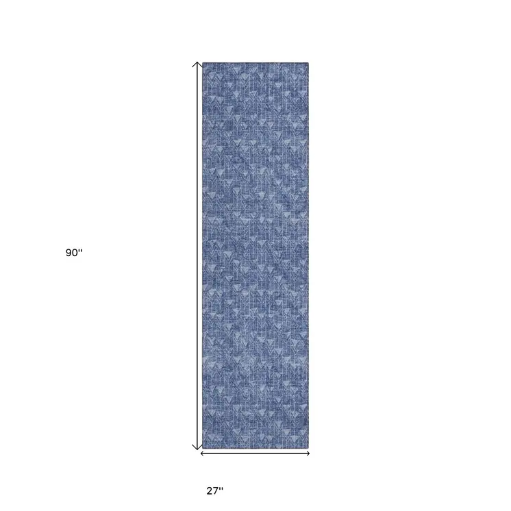 8' Runner Navy Blue Geometric Washable Non Skid Indoor Outdoor Runner Rug