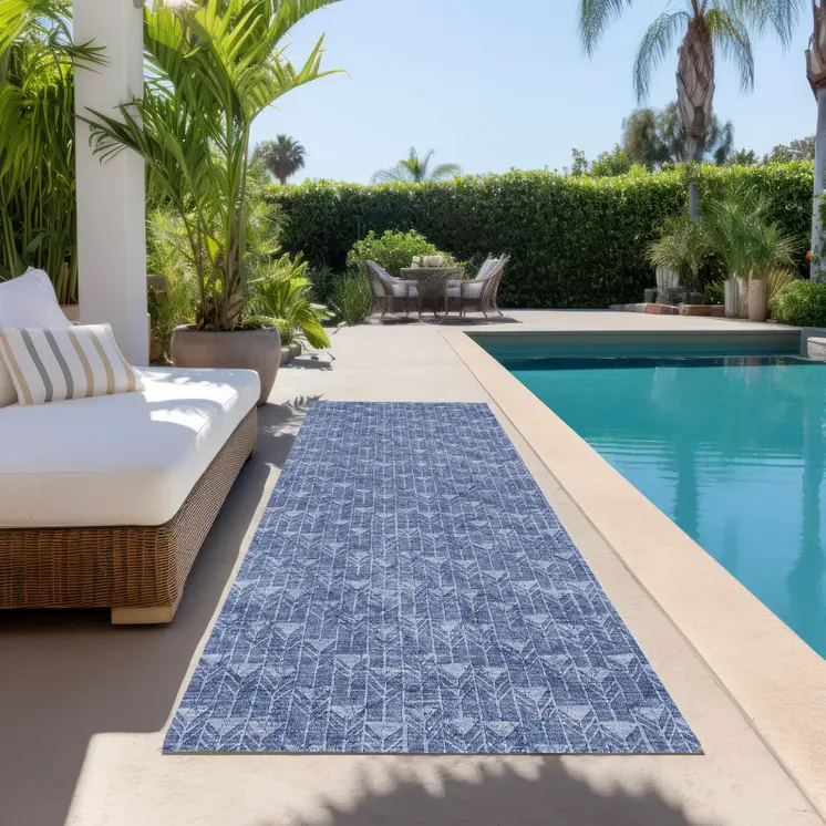 8' Runner Navy Blue Geometric Washable Non Skid Indoor Outdoor Runner Rug