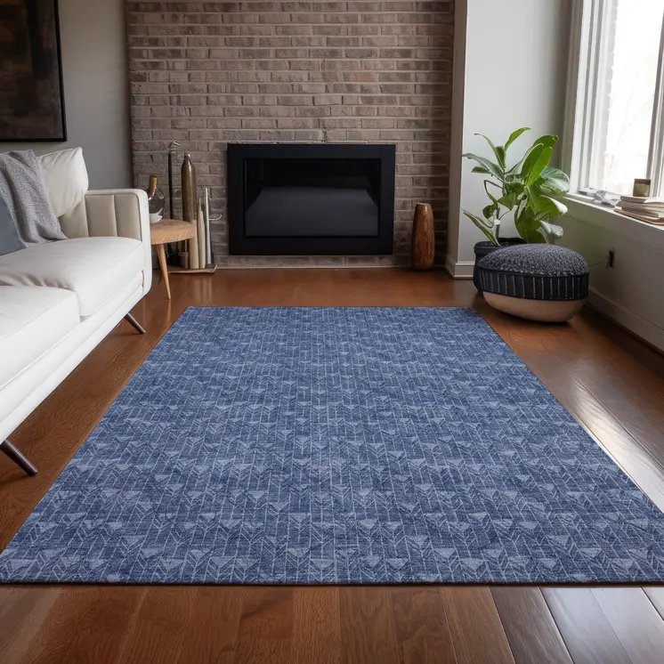 3' X 5' Navy Blue Geometric Washable Non Skid Indoor Outdoor Area Rug