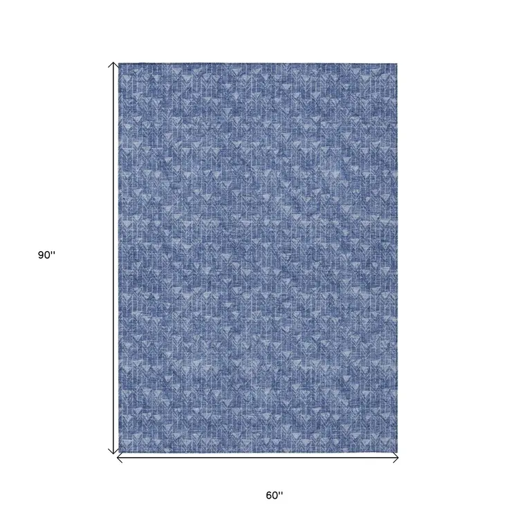 5' X 8' Navy Blue Geometric Washable Non Skid Indoor Outdoor Area Rug