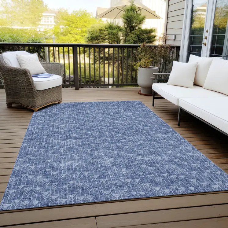 5' X 8' Navy Blue Geometric Washable Non Skid Indoor Outdoor Area Rug