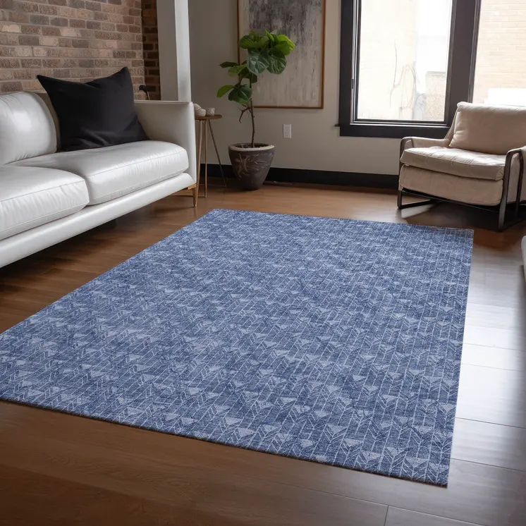5' X 8' Navy Blue Geometric Washable Non Skid Indoor Outdoor Area Rug