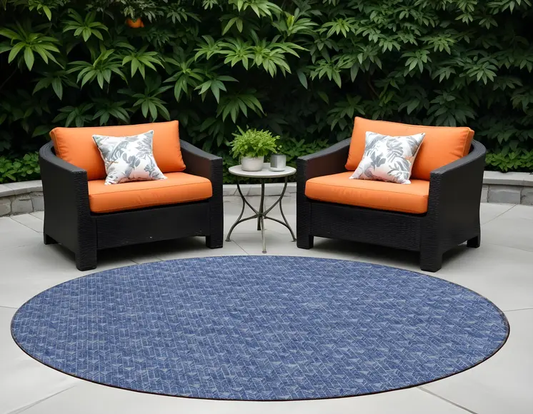 8' Round Navy Blue Round Geometric Washable Non Skid Indoor Outdoor Area Rug
