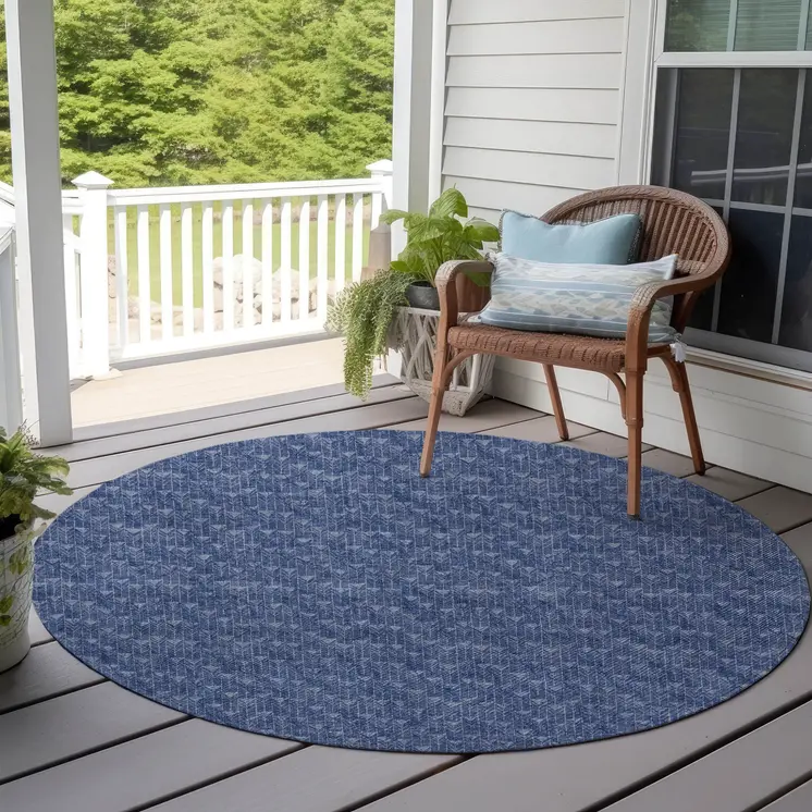 8' Round Navy Blue Round Geometric Washable Non Skid Indoor Outdoor Area Rug