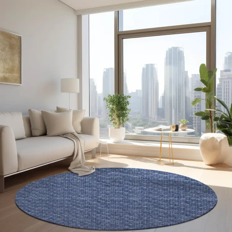 8' Round Navy Blue Round Geometric Washable Non Skid Indoor Outdoor Area Rug