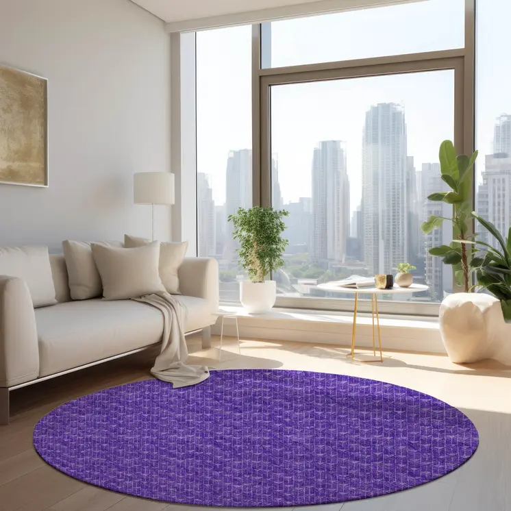 8' Round Purple Round Geometric Washable Non Skid Indoor Outdoor Area Rug