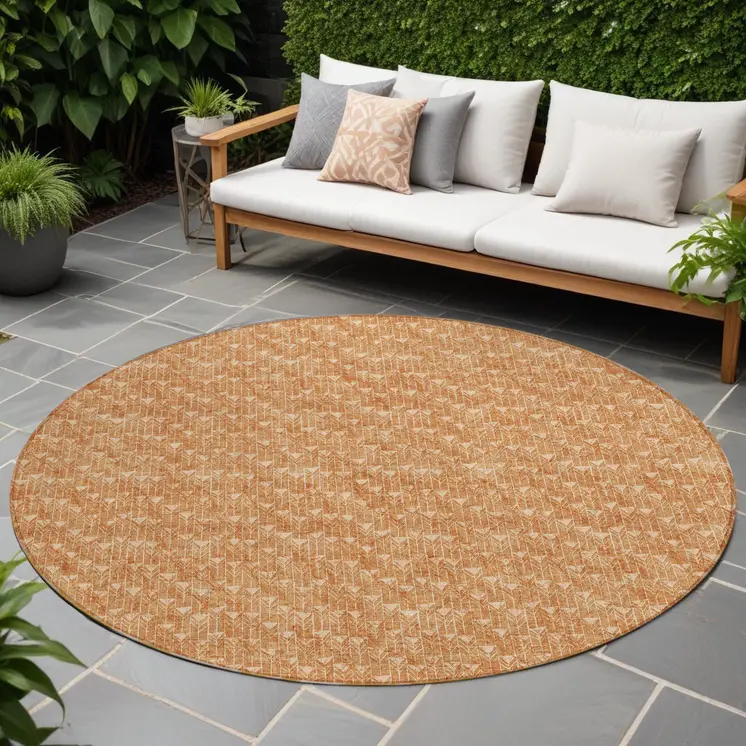 8' Round Bronze Round Geometric Washable Non Skid Indoor Outdoor Area Rug