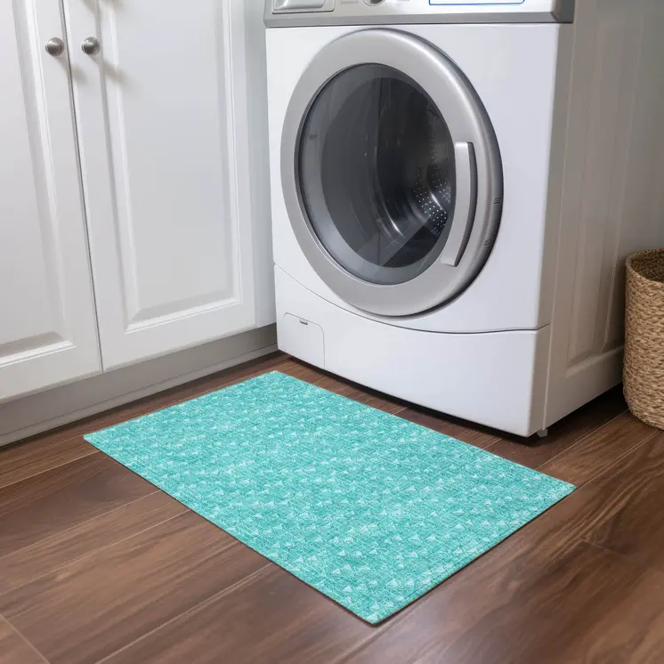 2' X 3' Turquoise Geometric Washable Non Skid Indoor Outdoor Area Rug