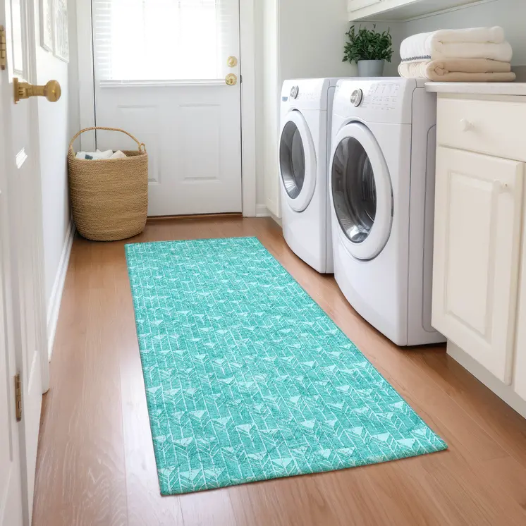 8' Runner Turquoise Geometric Washable Non Skid Indoor Outdoor Runner Rug