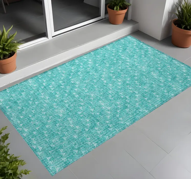 3' X 5' Turquoise Geometric Washable Non Skid Indoor Outdoor Area Rug