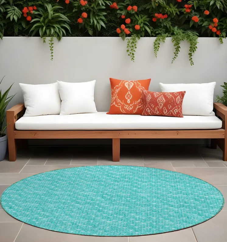 8' Round Turquoise Round Geometric Washable Non Skid Indoor Outdoor Area Rug