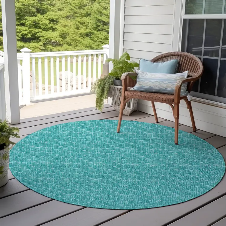 8' Round Turquoise Round Geometric Washable Non Skid Indoor Outdoor Area Rug