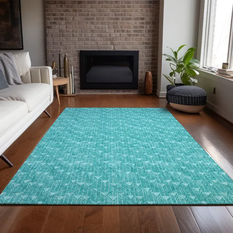 10' X 14' Turquoise Geometric Washable Non Skid Indoor Outdoor Area Rug