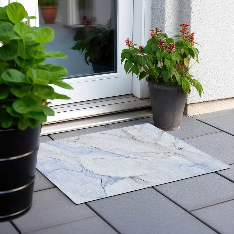 2' X 3' Ivory Blue and Gray Abstract Washable Non Skid Indoor Outdoor Area Rug
