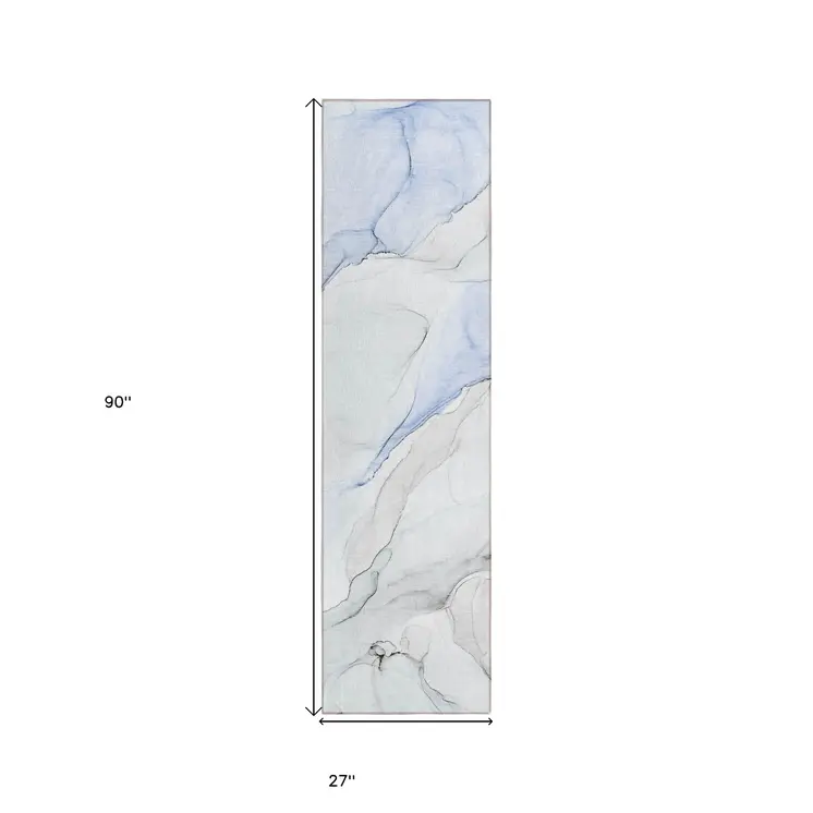 8' Runner Ivory Blue and Gray Abstract Washable Non Skid Indoor Outdoor Runner Rug