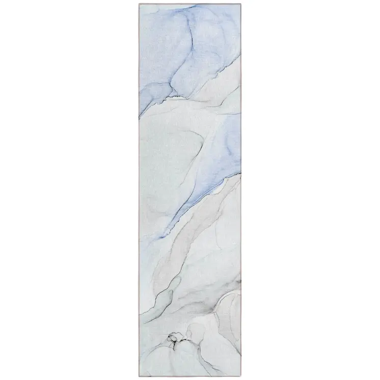 8' Runner Ivory Blue and Gray Abstract Washable Non Skid Indoor Outdoor Runner Rug