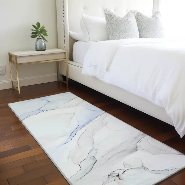 8' Runner Ivory Blue and Gray Abstract Washable Non Skid Indoor Outdoor Runner Rug