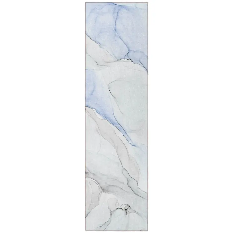 8' Runner Ivory Blue and Gray Abstract Washable Non Skid Indoor Outdoor Runner Rug
