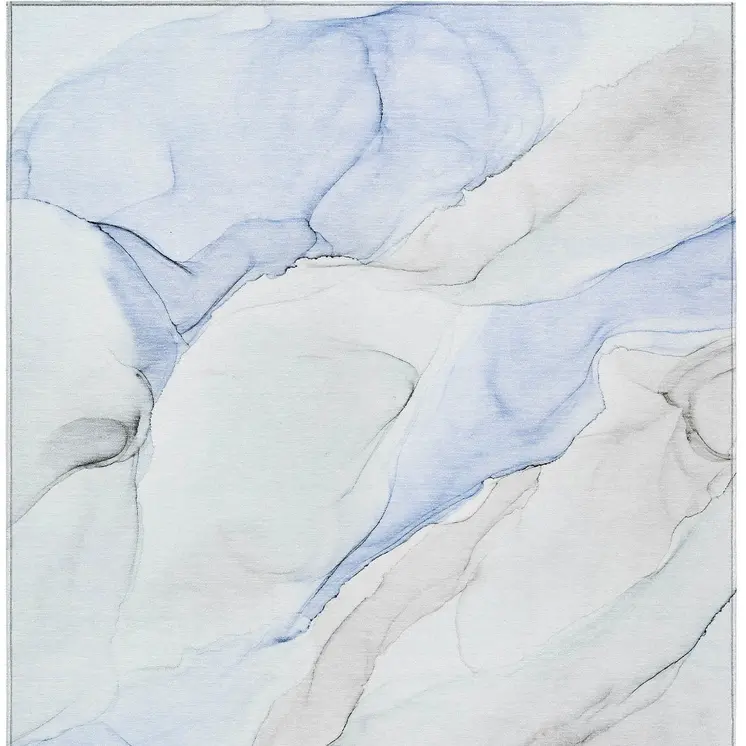 3' X 5' Ivory Blue and Gray Abstract Washable Non Skid Indoor Outdoor Area Rug