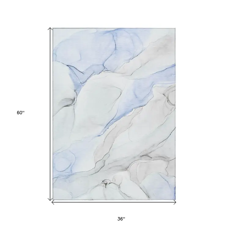 3' X 5' Ivory Blue and Gray Abstract Washable Non Skid Indoor Outdoor Area Rug