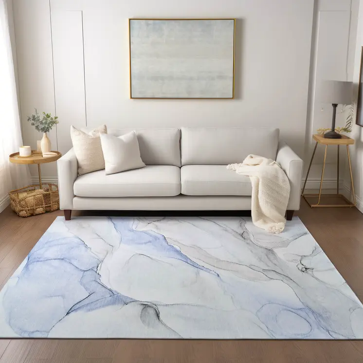 3' X 5' Ivory Blue and Gray Abstract Washable Non Skid Indoor Outdoor Area Rug