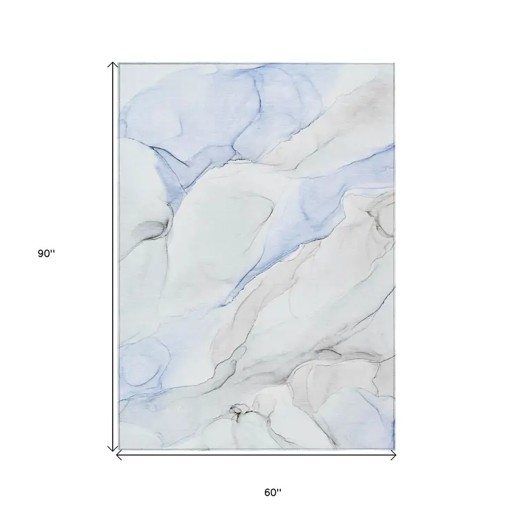 5' X 8' Ivory Blue and Gray Abstract Washable Non Skid Indoor Outdoor Area Rug