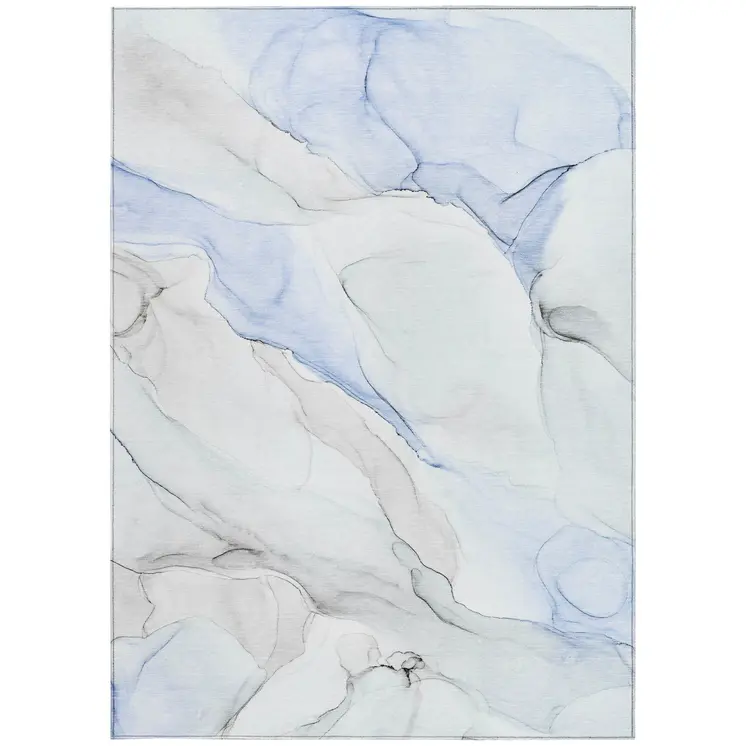 5' X 8' Ivory Blue and Gray Abstract Washable Non Skid Indoor Outdoor Area Rug