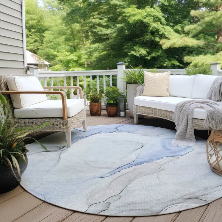 8' Round Ivory Blue and Gray Round Abstract Washable Non Skid Indoor Outdoor Area Rug