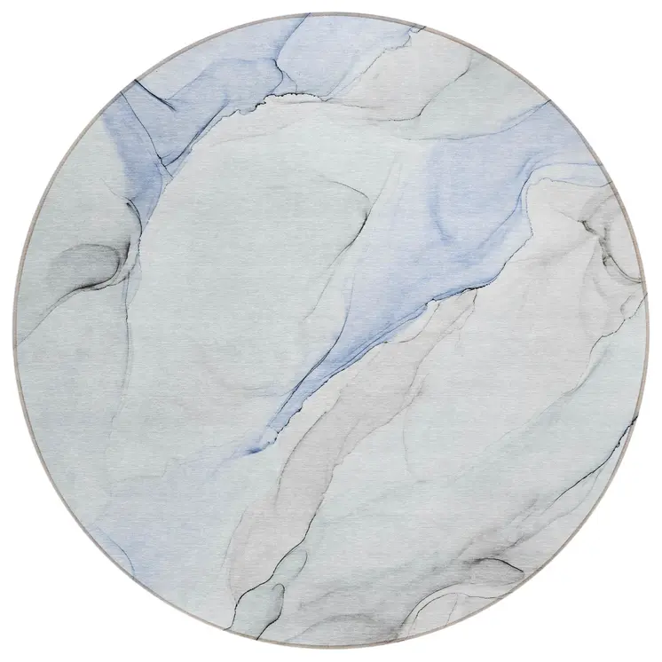 8' Round Ivory Blue and Gray Round Abstract Washable Non Skid Indoor Outdoor Area Rug