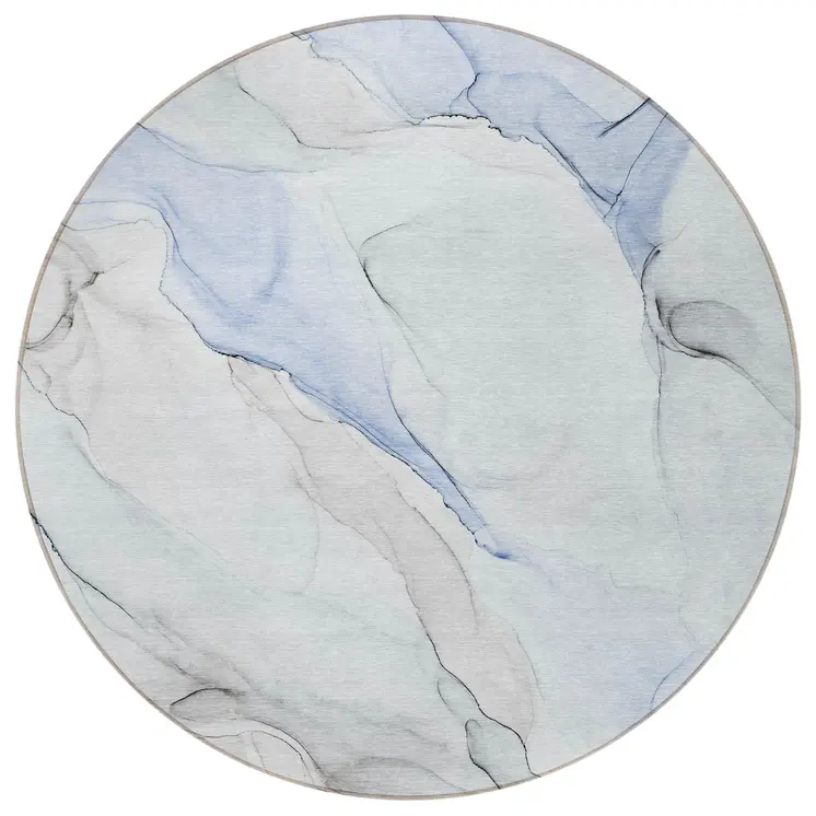 8' Round Ivory Blue and Gray Round Abstract Washable Non Skid Indoor Outdoor Area Rug
