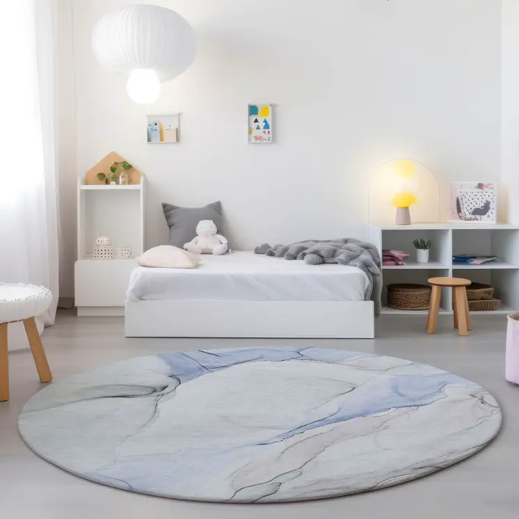 8' Round Ivory Blue and Gray Round Abstract Washable Non Skid Indoor Outdoor Area Rug