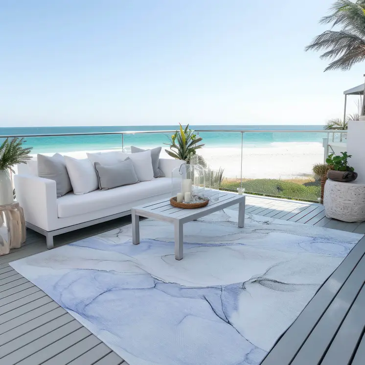 8' X 10' Ivory Blue and Gray Abstract Washable Non Skid Indoor Outdoor Area Rug