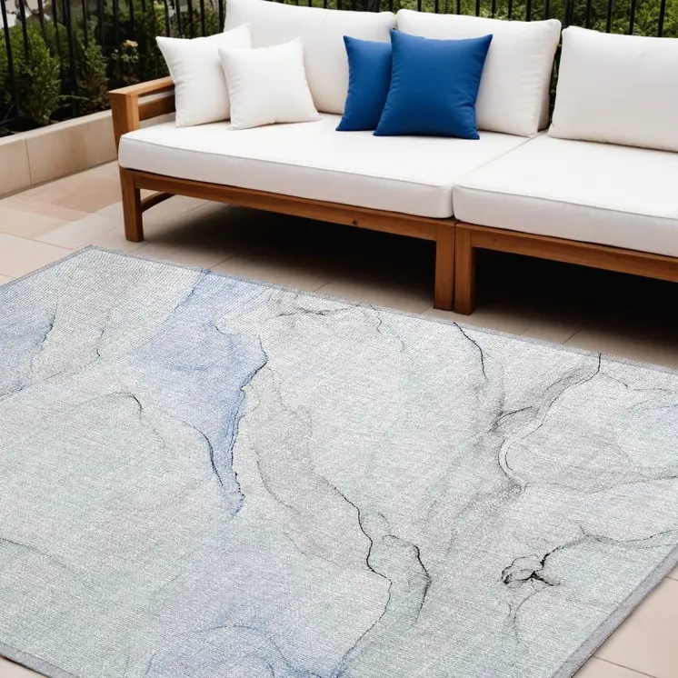 10' X 14' Ivory Blue and Gray Abstract Washable Non Skid Indoor Outdoor Area Rug