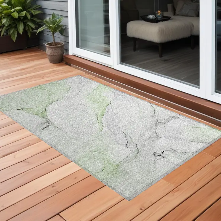 2' X 3' Green Abstract Washable Non Skid Indoor Outdoor Area Rug