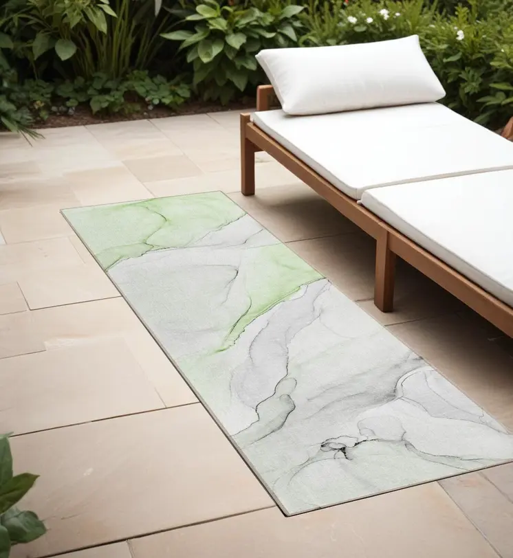 2' X 8' Green Abstract Washable Indoor Outdoor Runner Rug