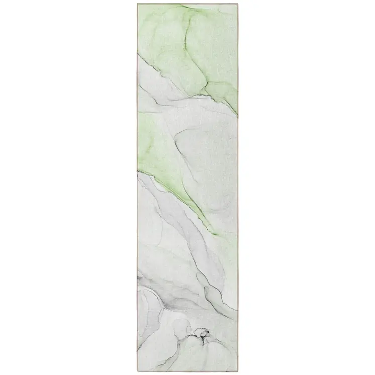 2' X 8' Green Abstract Washable Indoor Outdoor Runner Rug