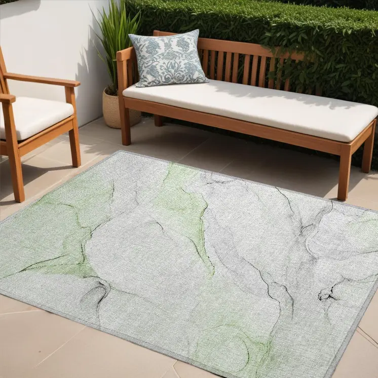 5' X 8' Green Abstract Washable Non Skid Indoor Outdoor Area Rug