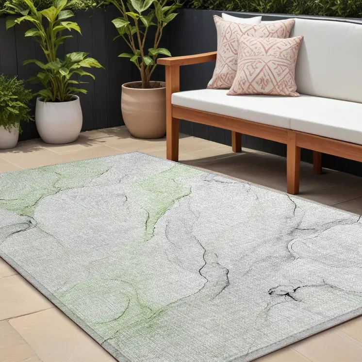 9' X 12' Green Abstract Washable Non Skid Indoor Outdoor Area Rug