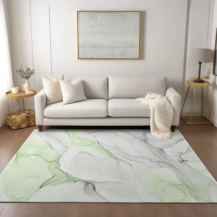 9' X 12' Green Abstract Washable Non Skid Indoor Outdoor Area Rug