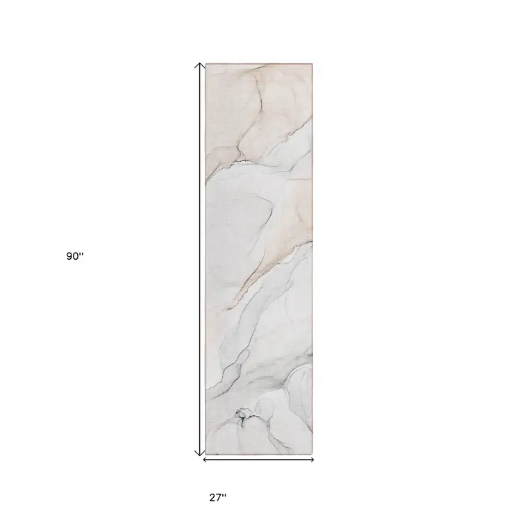 8' Runner Beige Ivory and Gray Abstract Washable Non Skid Indoor Outdoor Runner Rug