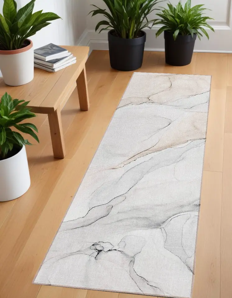 8' Runner Beige Ivory and Gray Abstract Washable Non Skid Indoor Outdoor Runner Rug