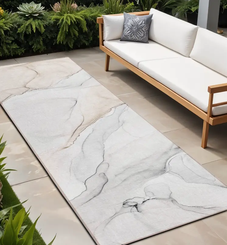 8' Runner Beige Ivory and Gray Abstract Washable Non Skid Indoor Outdoor Runner Rug