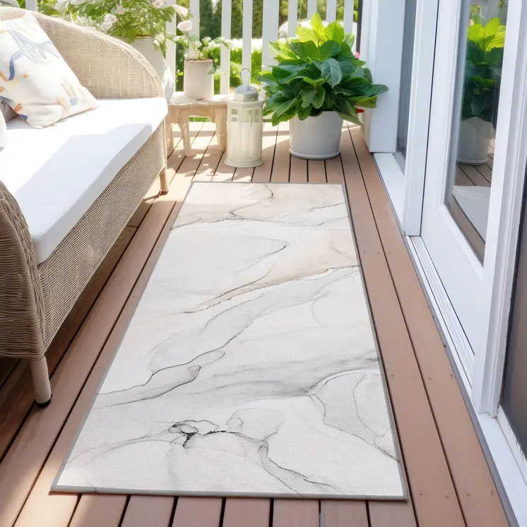 8' Runner Beige Ivory and Gray Abstract Washable Non Skid Indoor Outdoor Runner Rug