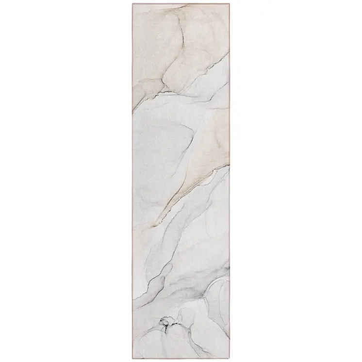 8' Runner Beige Ivory and Gray Abstract Washable Non Skid Indoor Outdoor Runner Rug