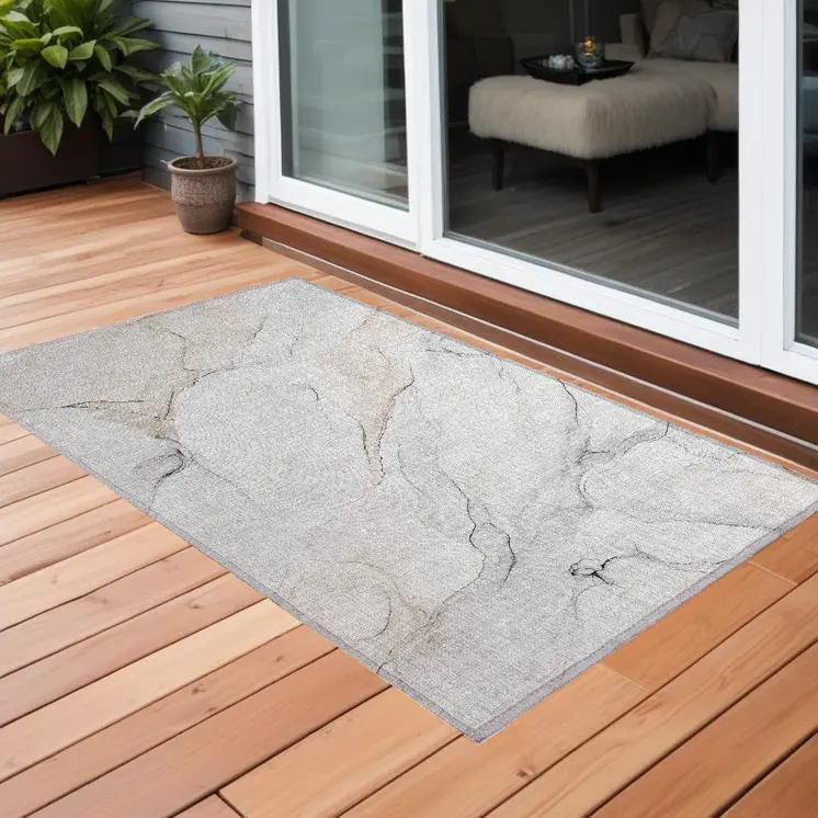 3' X 5' Beige Ivory and Gray Abstract Washable Non Skid Indoor Outdoor Area Rug