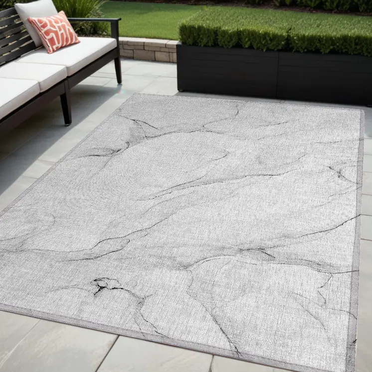 5' X 8' Beige Ivory and Gray Abstract Washable Non Skid Indoor Outdoor Area Rug