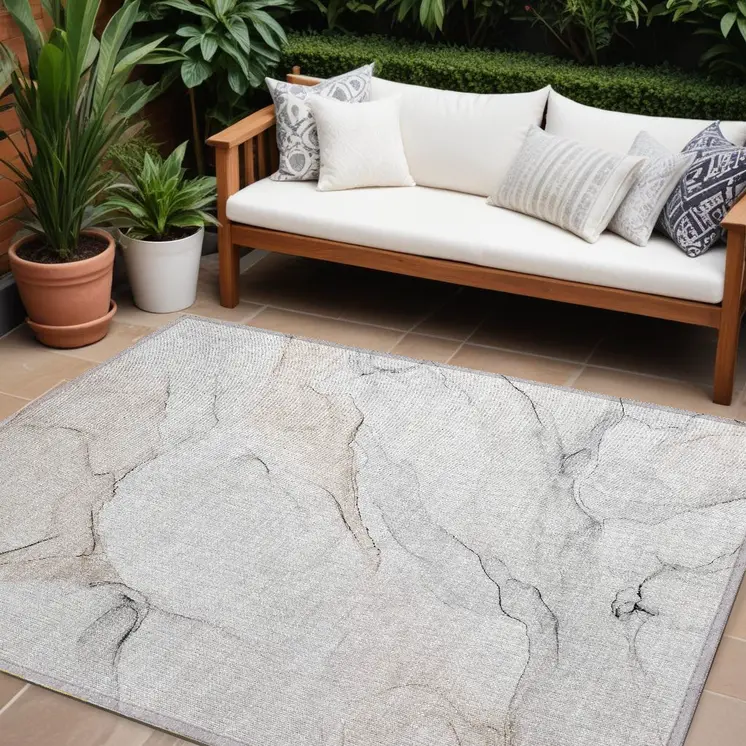 8' X 10' Beige Ivory and Gray Abstract Washable Non Skid Indoor Outdoor Area Rug