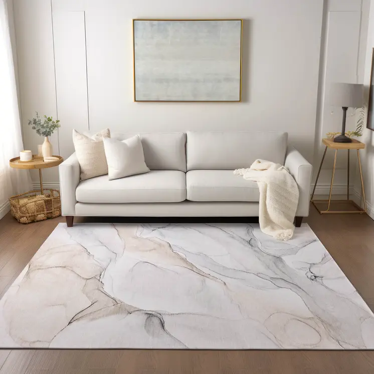 9' X 12' Beige Ivory and Gray Abstract Washable Non Skid Indoor Outdoor Area Rug