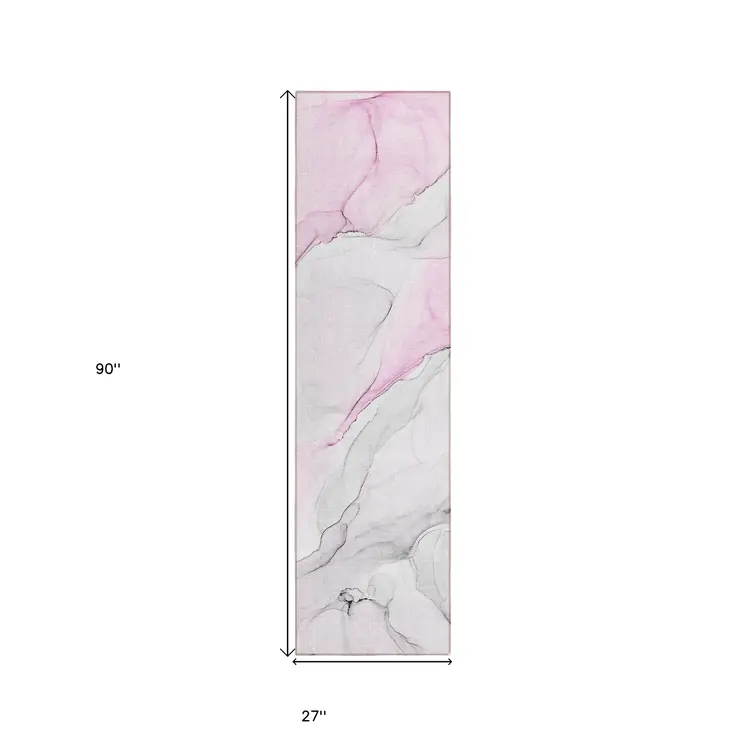 8' Runner Gray and Pink Abstract Washable Non Skid Indoor Outdoor Runner Rug