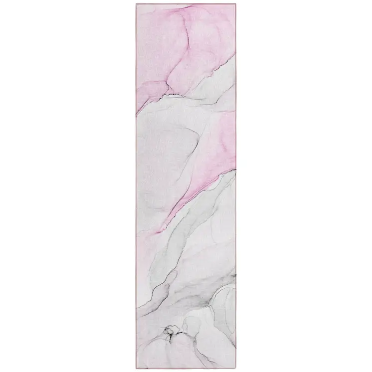8' Runner Gray and Pink Abstract Washable Non Skid Indoor Outdoor Runner Rug